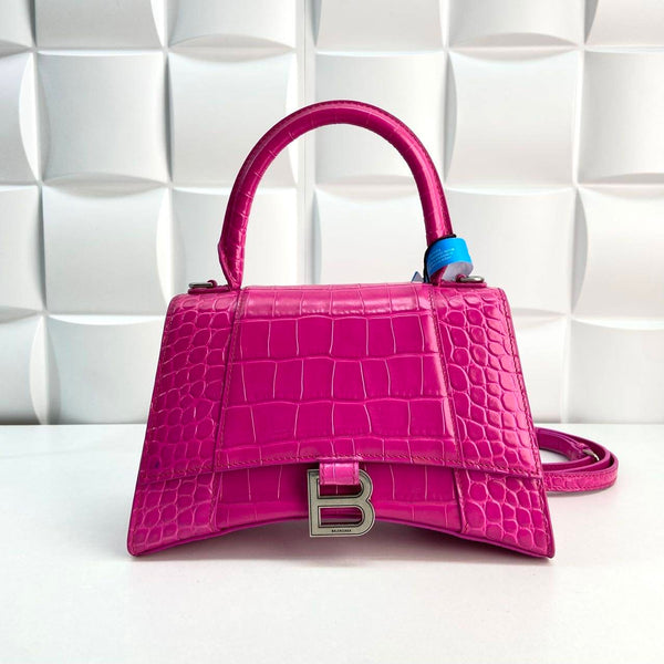 【TikTok Livestream】Balenciaga Hourglass Small Croco Embossed Top Handle Fuchsia